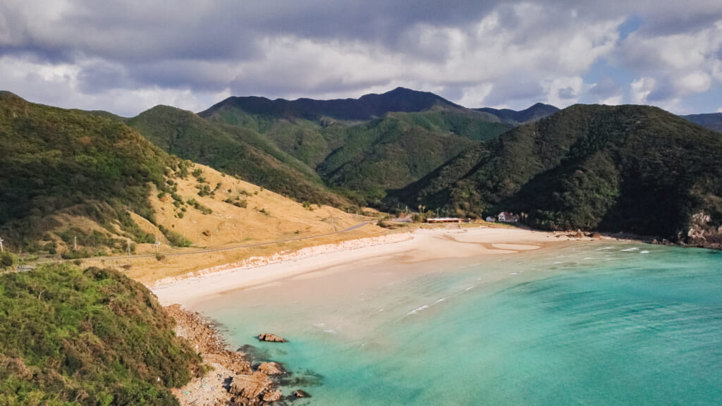 A drone eye view of Takahama Beach in the Goto Islands