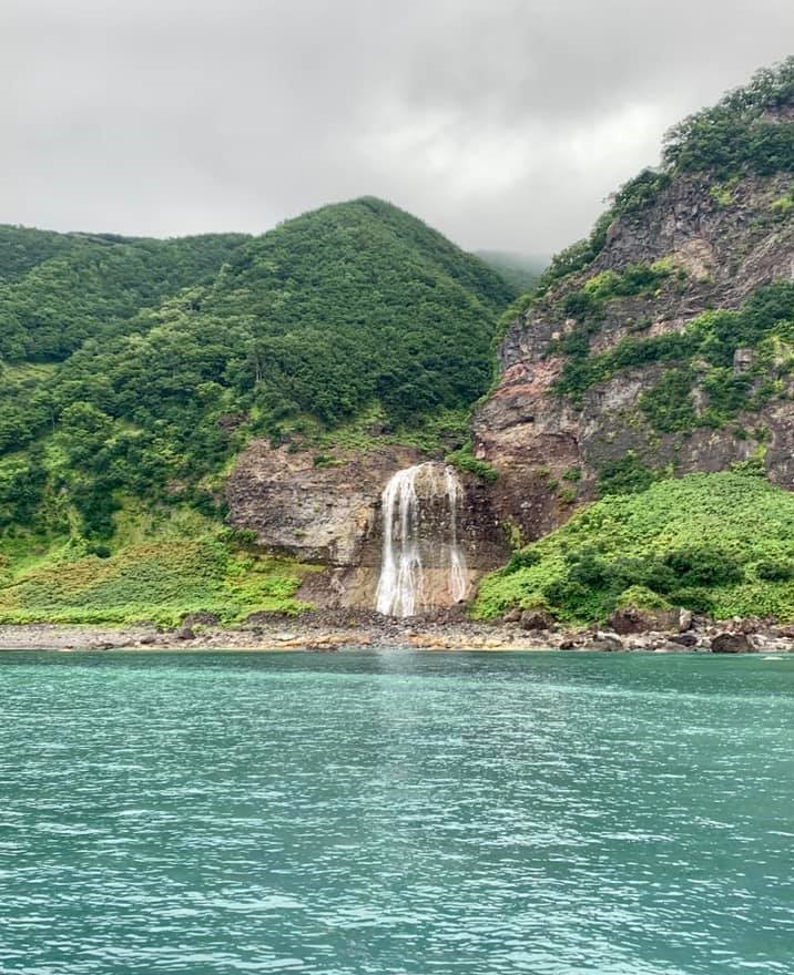 On the coast of the Shiretoko Peninsula, waterfall flowing into the Sea of Okhotsk