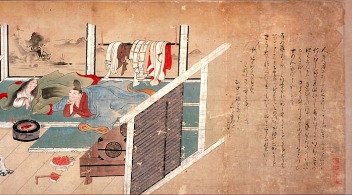 illustration of upper class scene resting on tatami