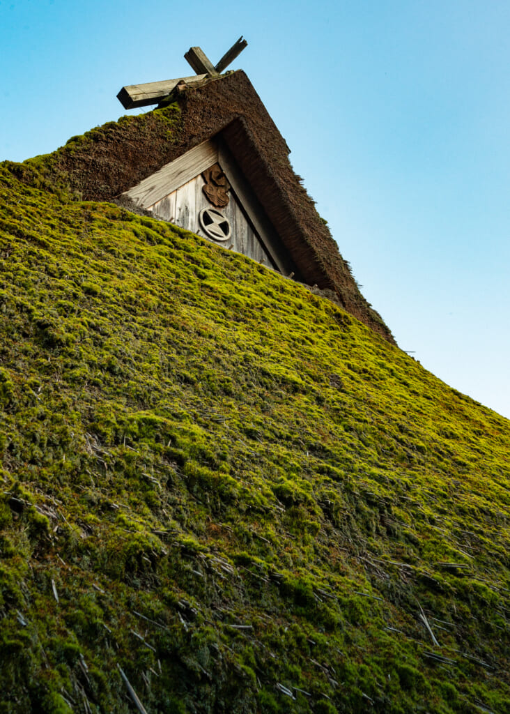 detail of thatched roof house in japan in kayabuki no sato