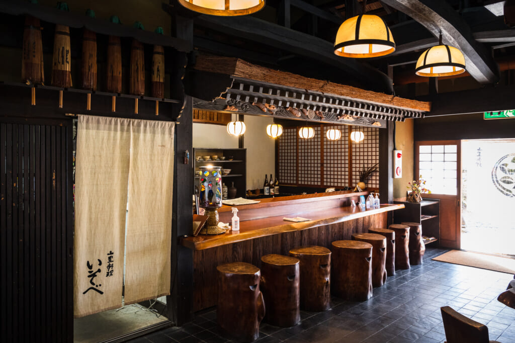 interior of thatched roof ryokan and restaurant near kyoto