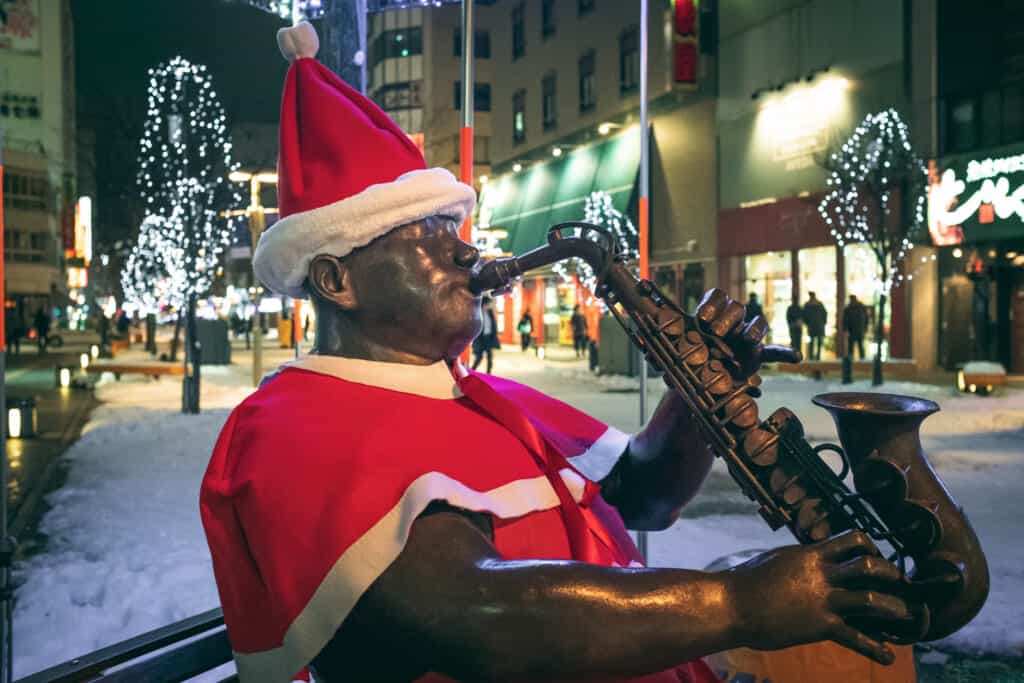 A japanese statue turned into Santa Claus for Christmas