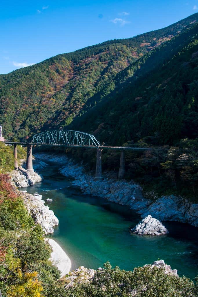 turquoise blue waters and bridges at Iya Valley in Tokushima, Shikoku