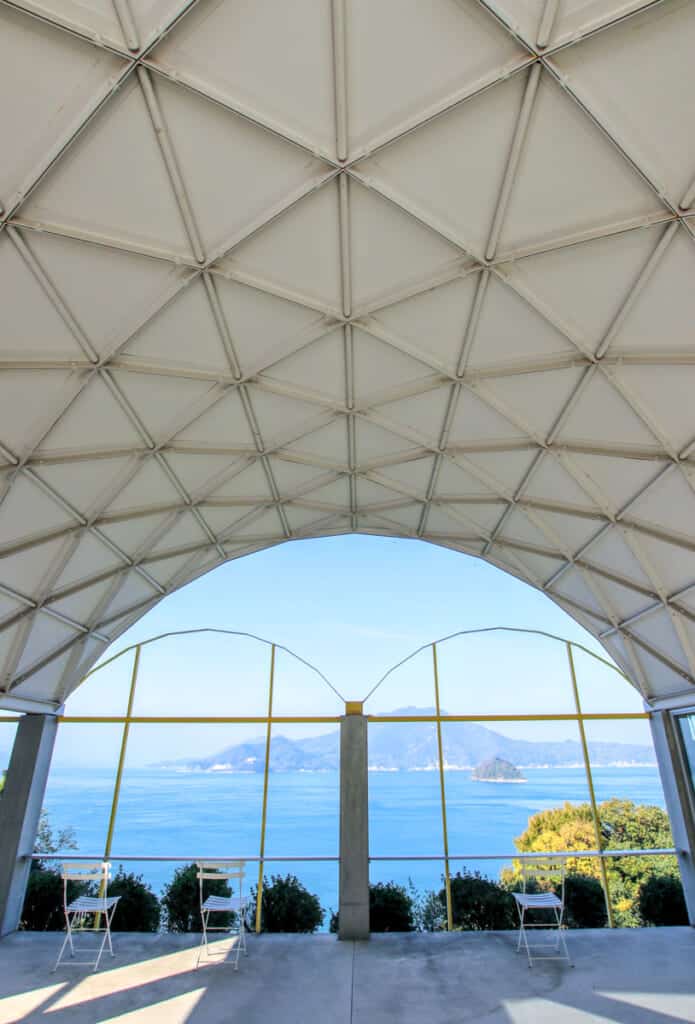 Silver hut of Toyo Ito Museum with view of setouchi islands