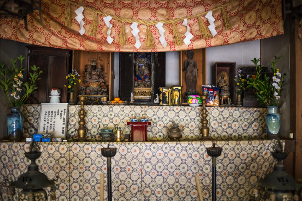 interior temple decorations on goto island