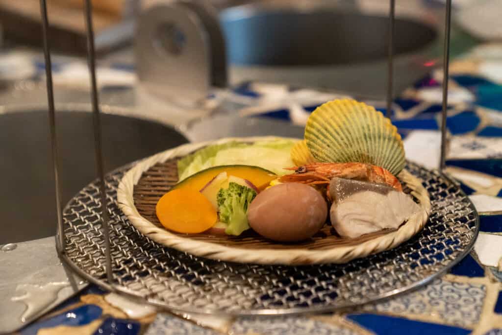 onsen steamed vegetables and seafood in beppu