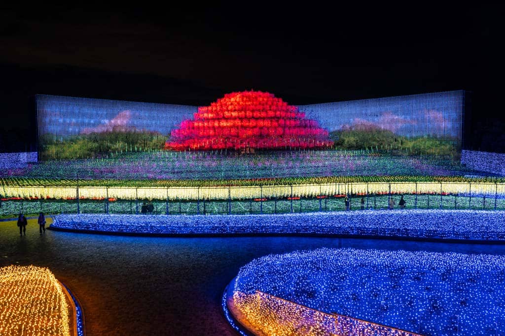 red mountain lights at Nabana no Sato in Japan