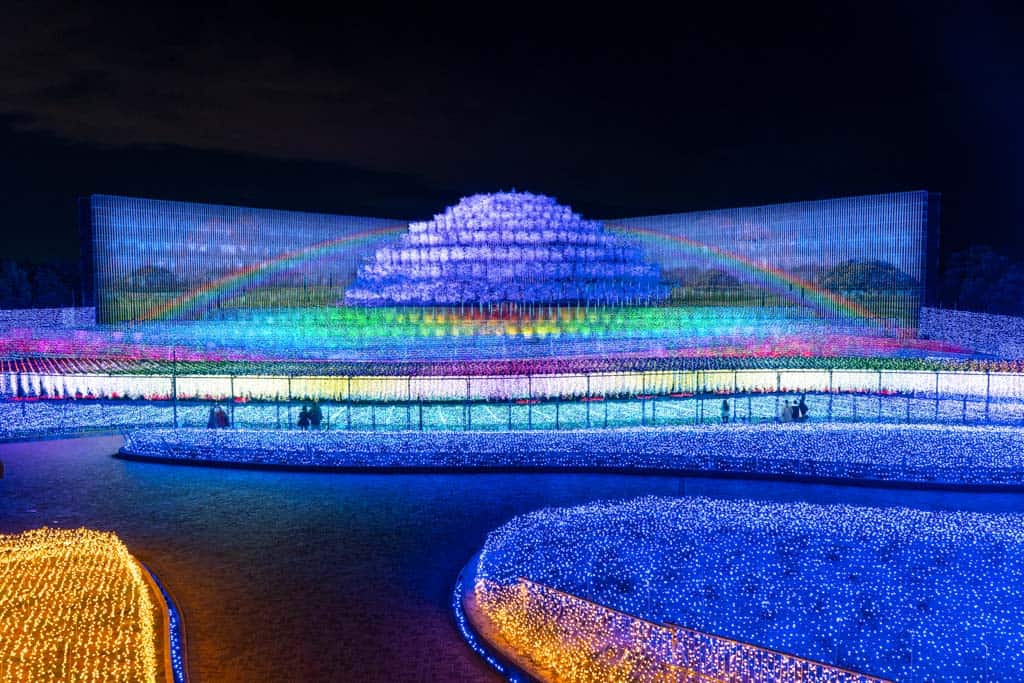 Illuminated mountain at Nabana no Sato illuminations in Japan