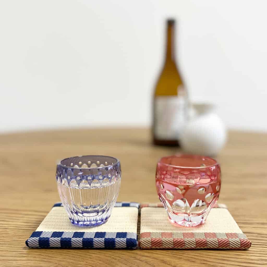 Japanese tatami coasters with Japanese cut class sake cups