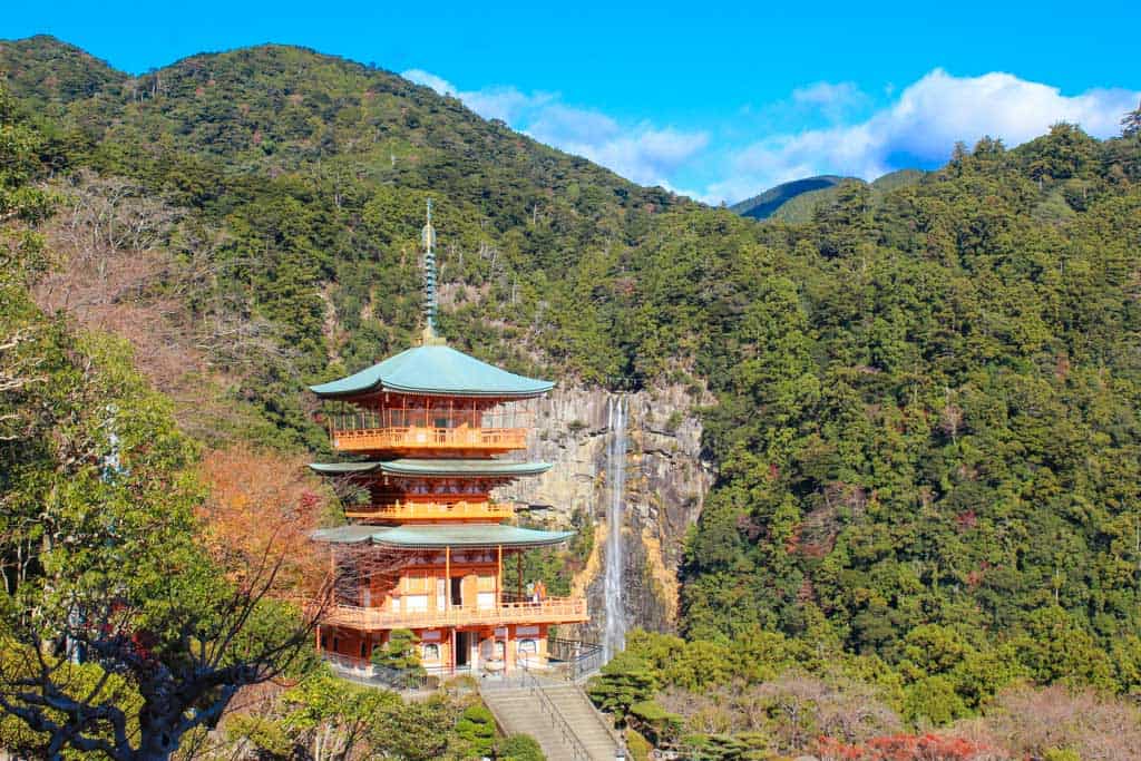 Kumano Nachi Taisha shrine with japanese waterfall in japan, along the kumano kodo