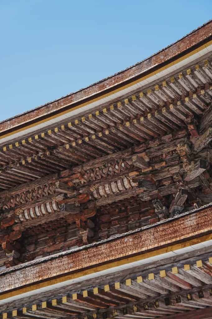Close up of the wooden roof architecture of Kinpusen-ji temple in Yoshino