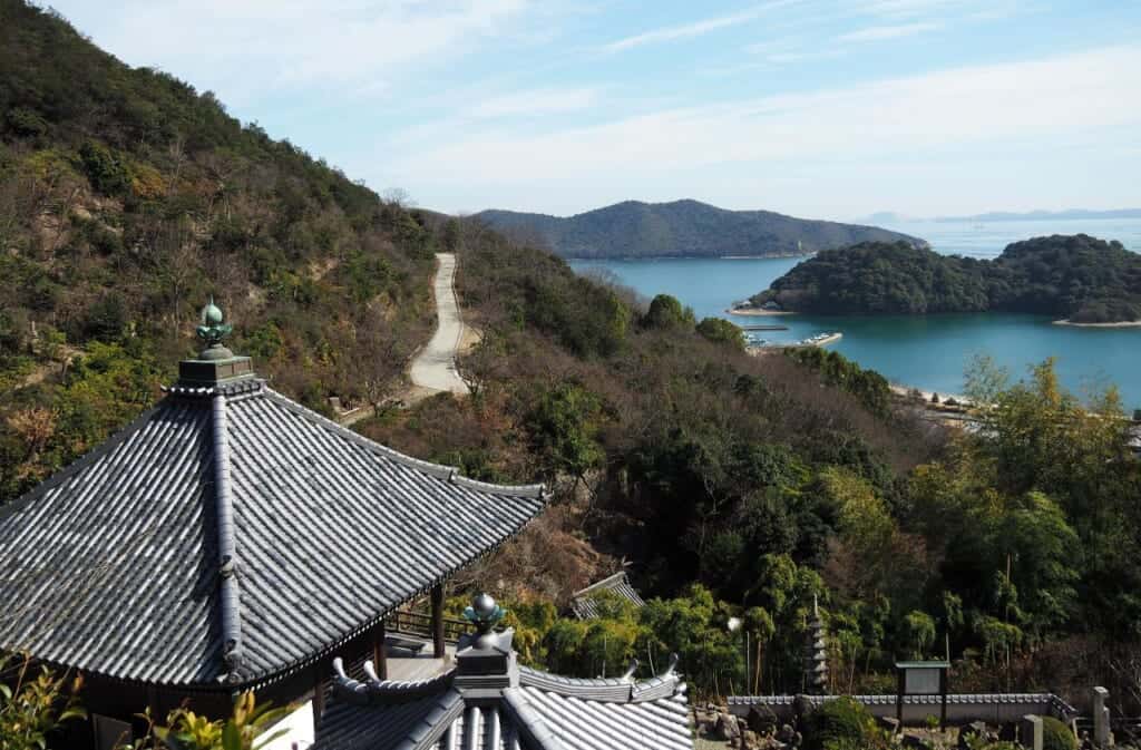Kannon Hall of Myokenji Temple and views of the seto inland sea in Japan