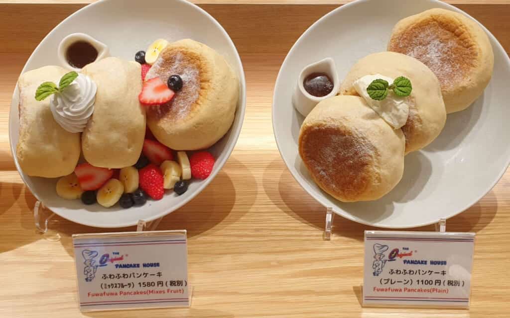 Display at a cafe offering fuwa fuwa Japanese pancakes in a cafe in Japan