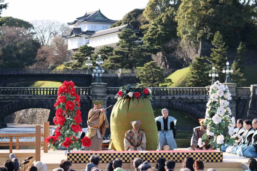 Traditional Japanese Noh performers on stage in Japan