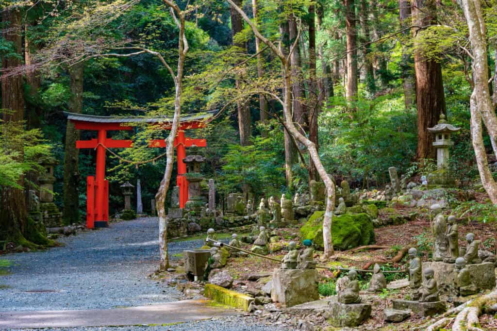 Japanese red torii and buddhist statues at hokoji temple hamamatsu