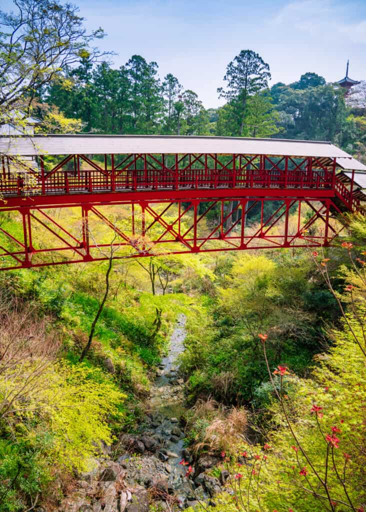 Red bridge across ravine at hokoji temple hamamatsu