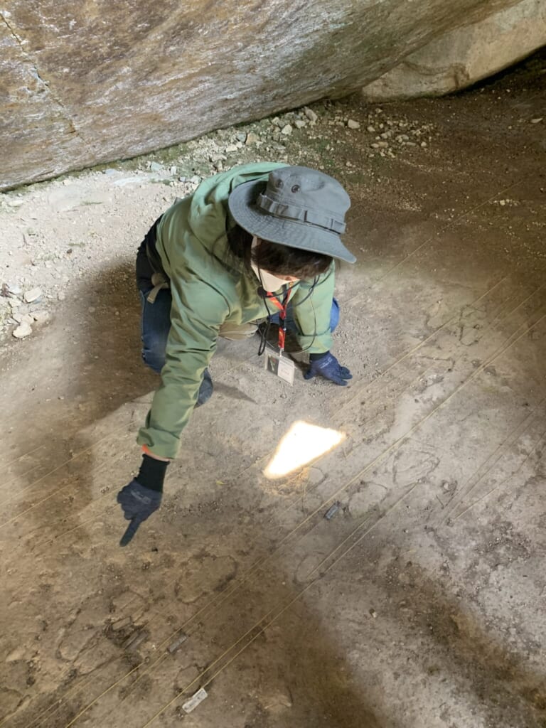 a guide points to archaeological marks on the rock in Japan