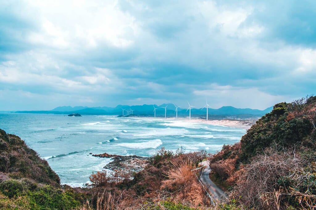 View of the Japanese wind farm in the distance with the powerful SEa of Japan