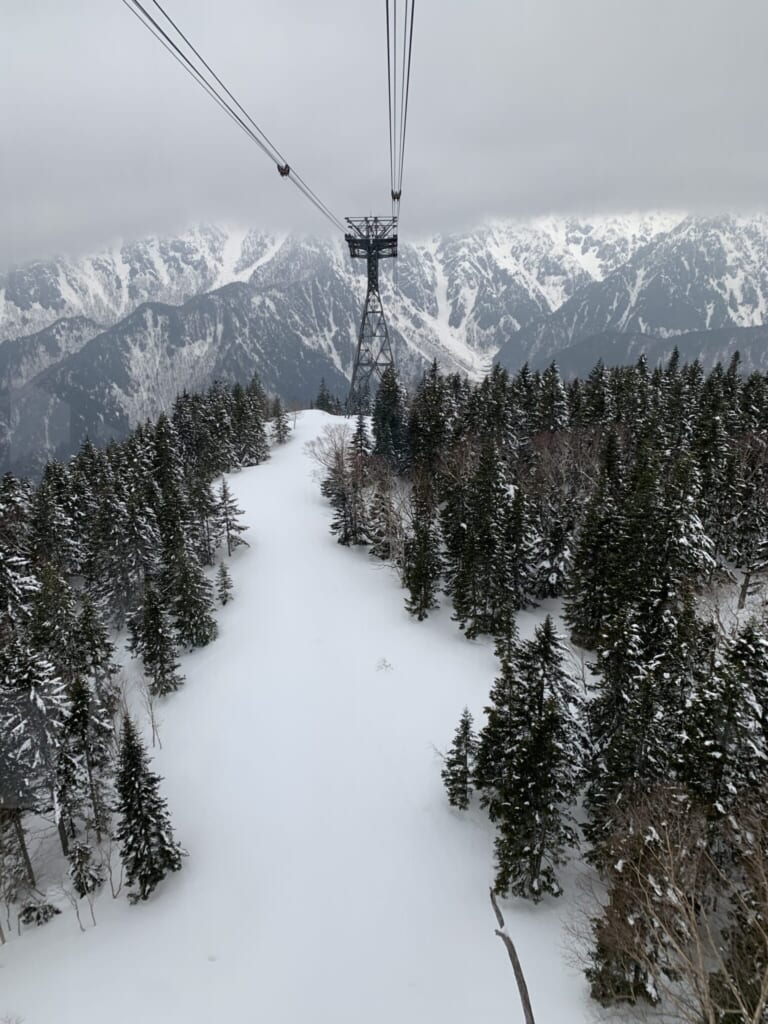Japanese ropeway over snowy forest