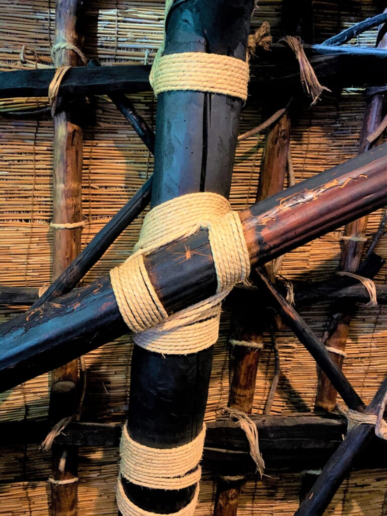 beams tied with rope in a Japanese gassho-style house in Shirakawago, Gifu, Japan