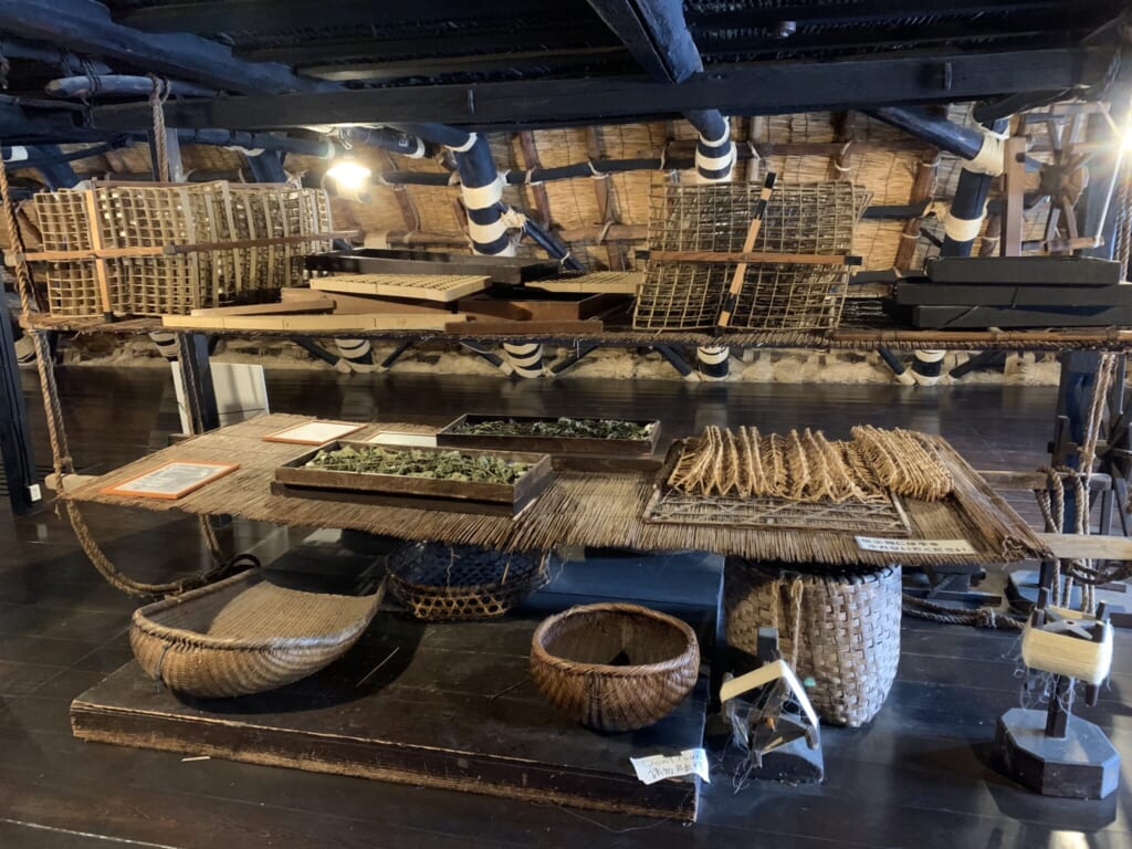 Japanese silkworm farming equipment in traditional thatched roof house in Shirakawa-go, Gifu, Japan
