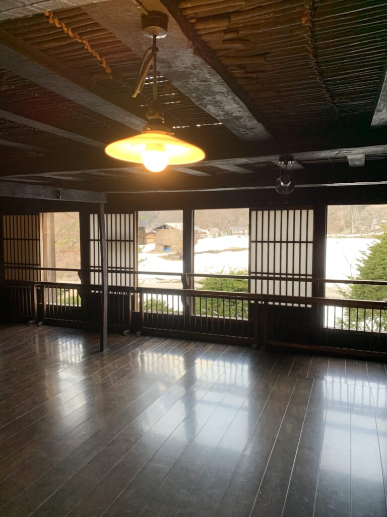 Japanese interior with wood flooring in Japanese thatched roof house