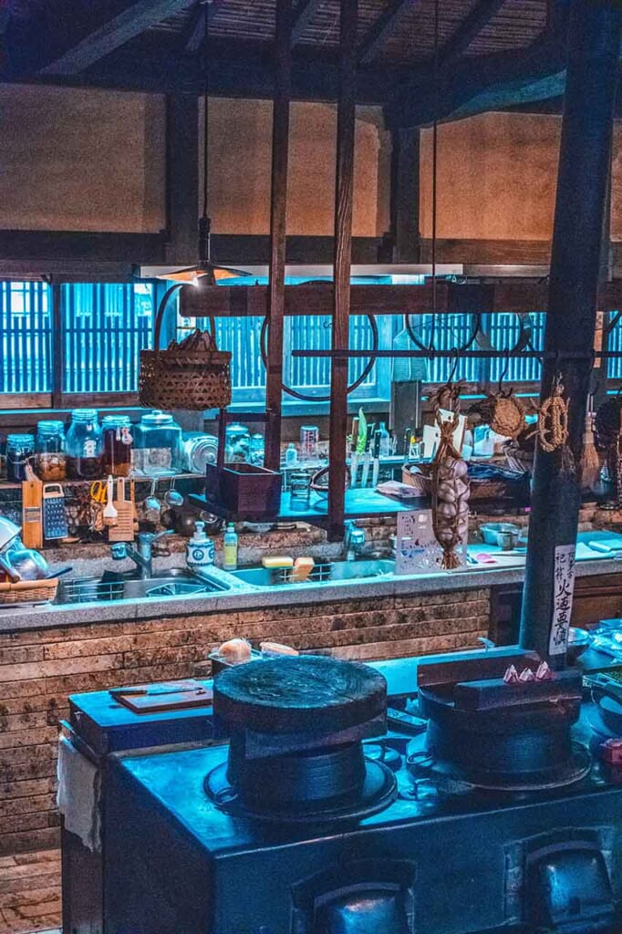 inside a Japanese hostel and wooden kitchen interior