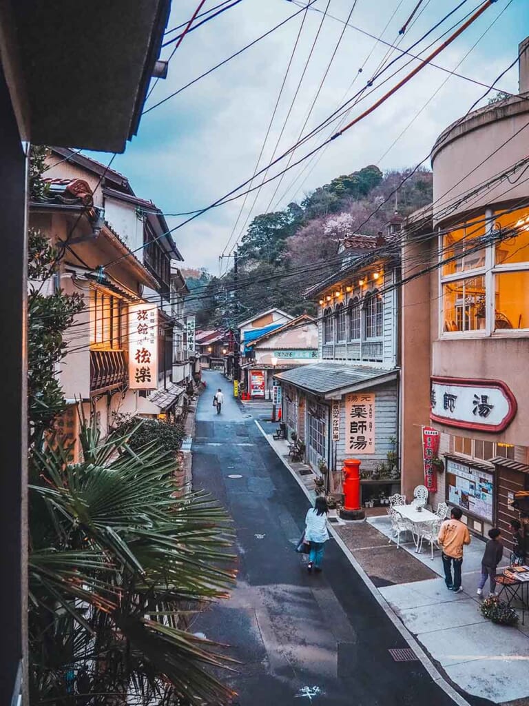 main street in Japanese hot spring onsen town in Japan