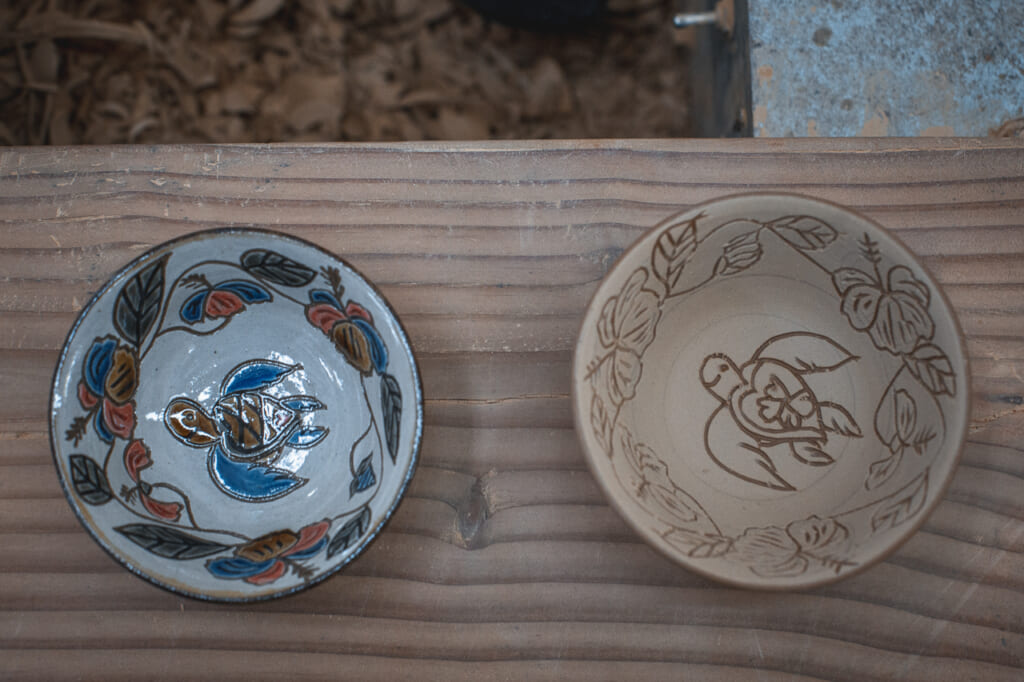 a finished ceramic bowl and an unfinished ceramic bowl in Okinawa, Japan