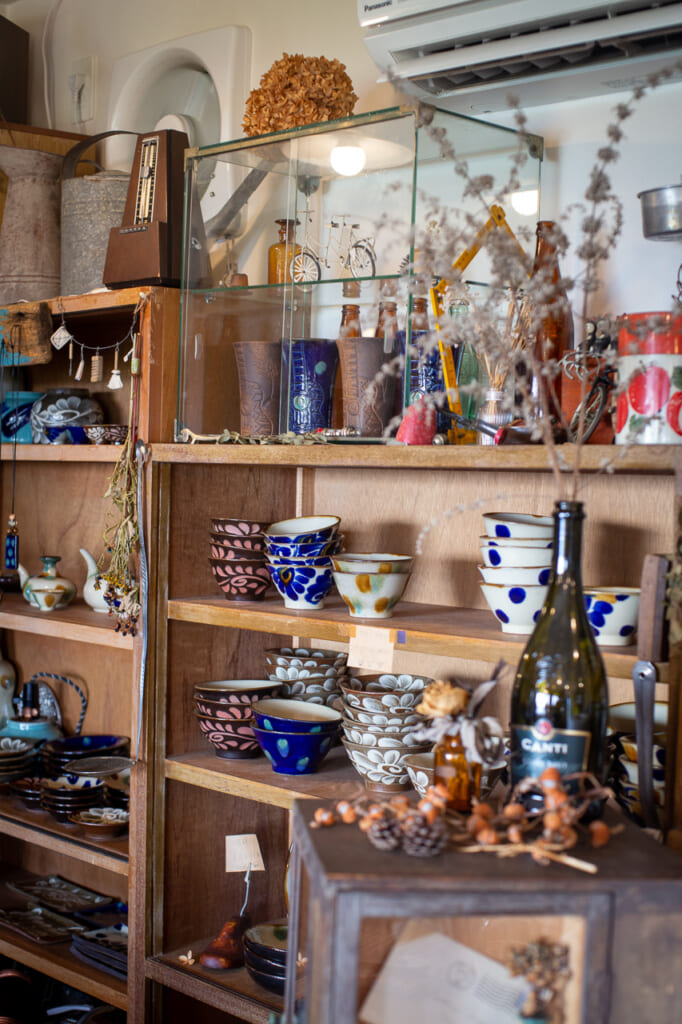 many Japanese ceramic crafts in a shop in Okinawa