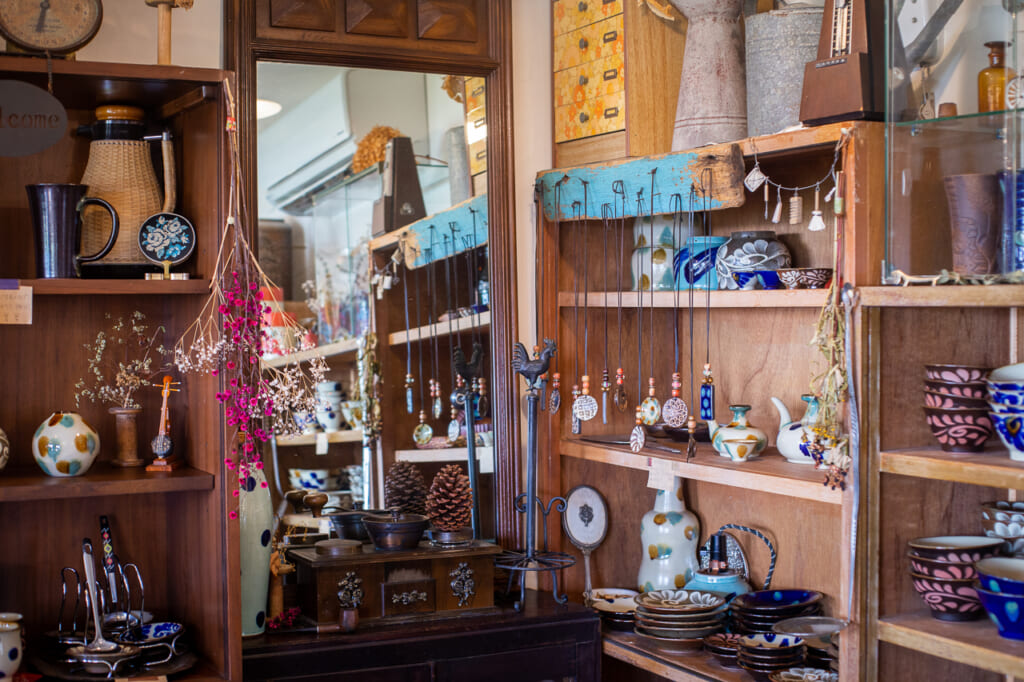 Japanese handmade pottery in a shop in okinawa