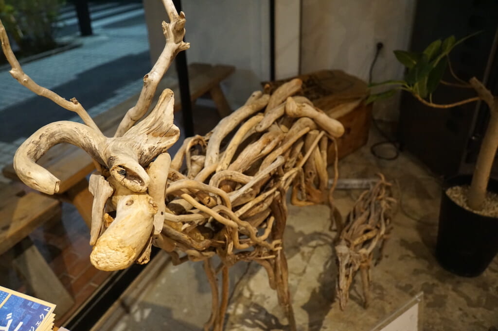 deer sculpture made of driftwood in Japanese restaurant