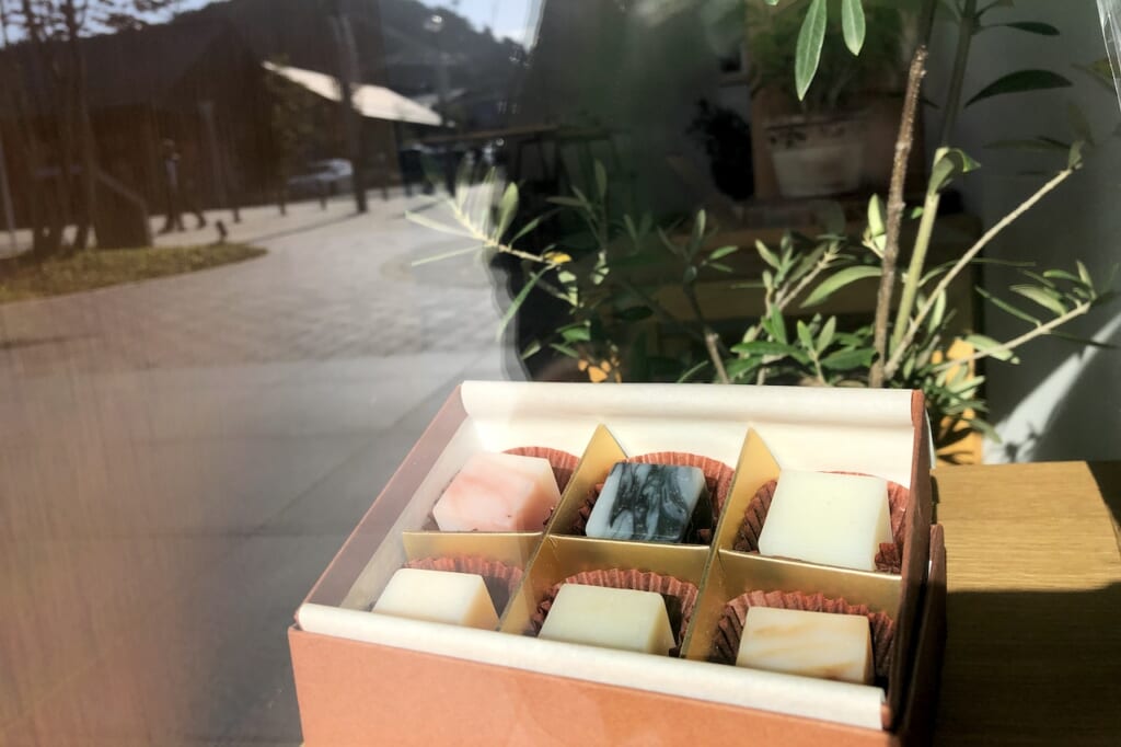 Cubes of Japanese handcrafted soap in window