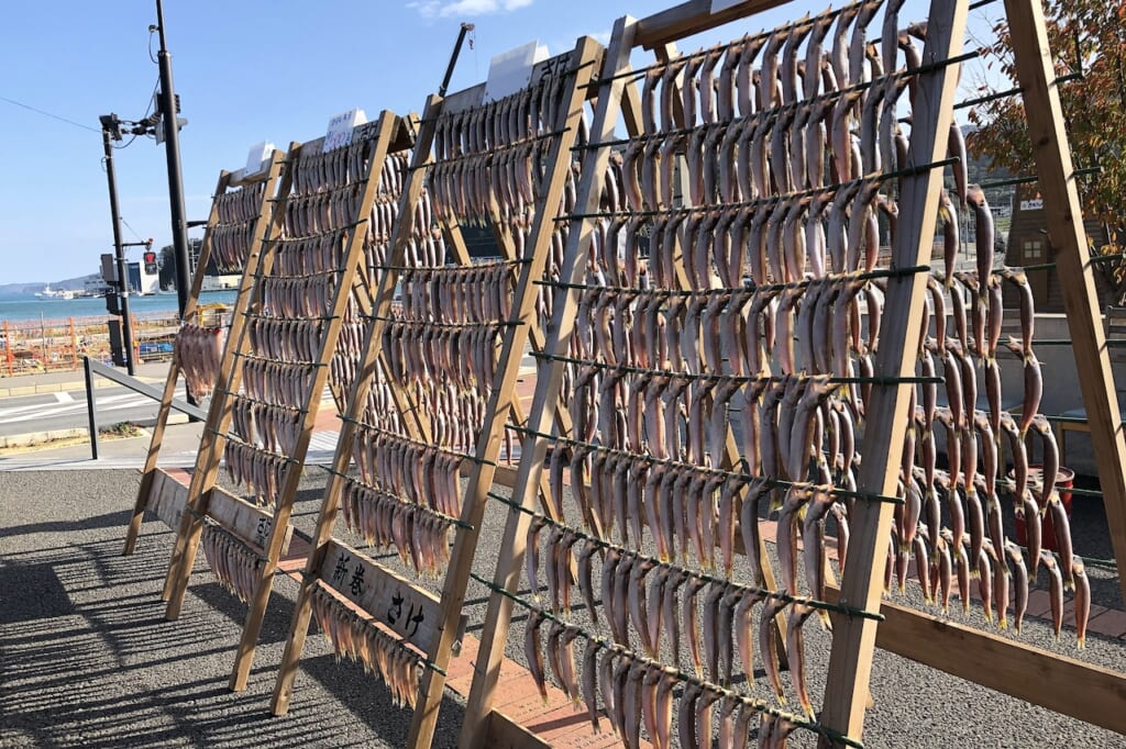 racks of fish hanging to dry in Japan
