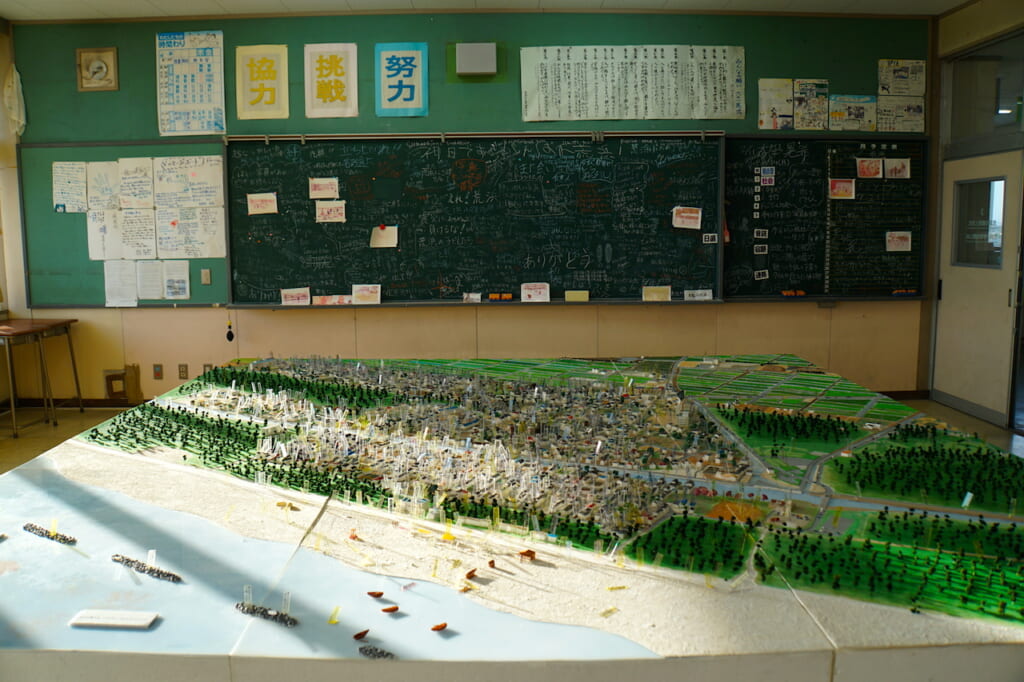 neighborhood model in classroom of 2011 Tohoku earthquake and tsunami hit region in Japan