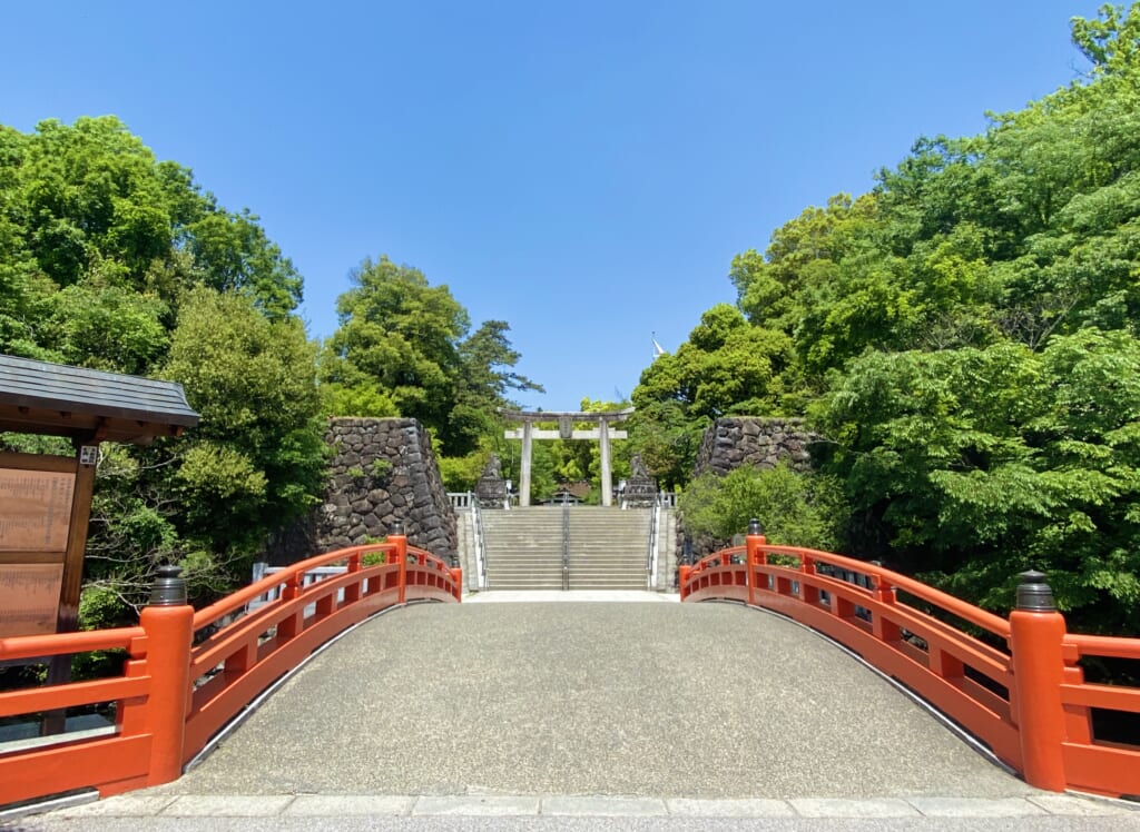 Japanese shrine with vermillion bridge in Japan