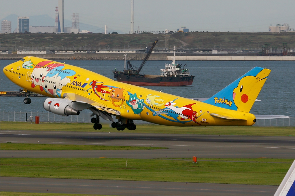 All Nippon Airways plane painted with pikachu decorations