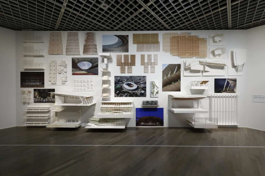 Design details and mockups depicting the Japan National Stadium at the Japan Culture Expo