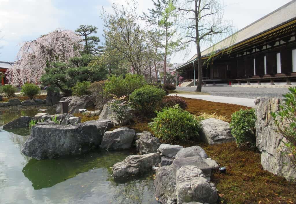 Typical Japanese garden situated outside Sanjusangendo temple, in Kyoto