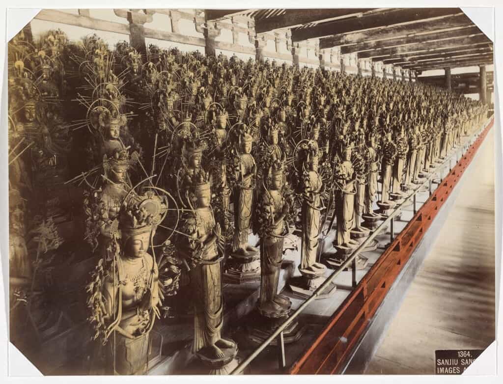 Old photo of the thousand statues of Kannon at Sanjusangendo, in Kyoto