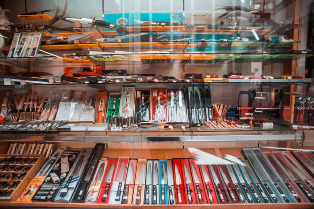 showcase with many knives in Tenjinbashisuji Osaka
