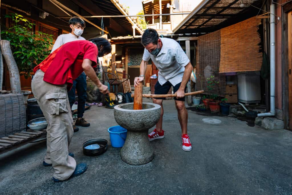 pounding Japanese mochi in Kagawa, Japan