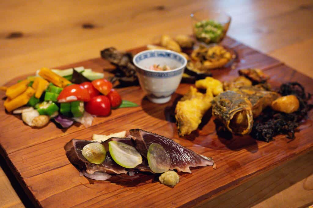 tuna, vegetables, and local Japanese ingredients in Ogijima Village, Shikoku