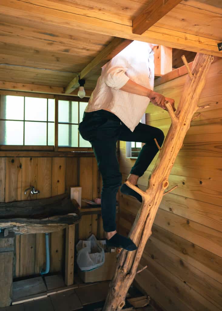 ladder into upper room in Japanese hotel