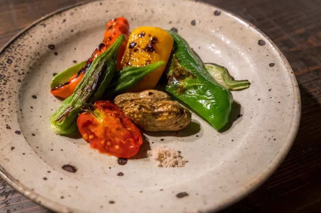 grilled vegetables and peanuts in Japanese restaurant