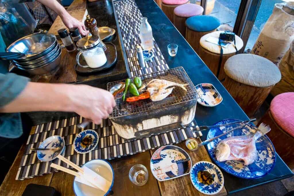 grilling local Japanese vegetables and fish