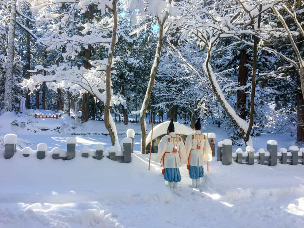 Yamabushi disciplines in Japanese forest during the winter in Japan