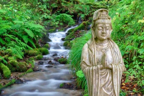 Statue and stream in Shirakami Sanchi
