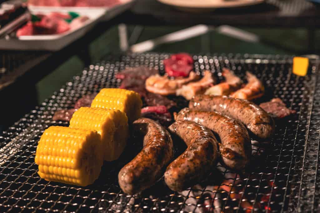 corn and sausages on  bbq in  shikoku, japan