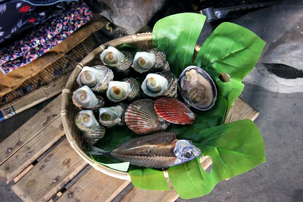 a plate is filled with The hut offers several formulas ranging from a simple snack to a deluxe menu. I had chosen the snack option. Okano-san first introduced us to the contents of the basket: turbos (shellfish), hiougi scallops, abalone and horse mackerel.